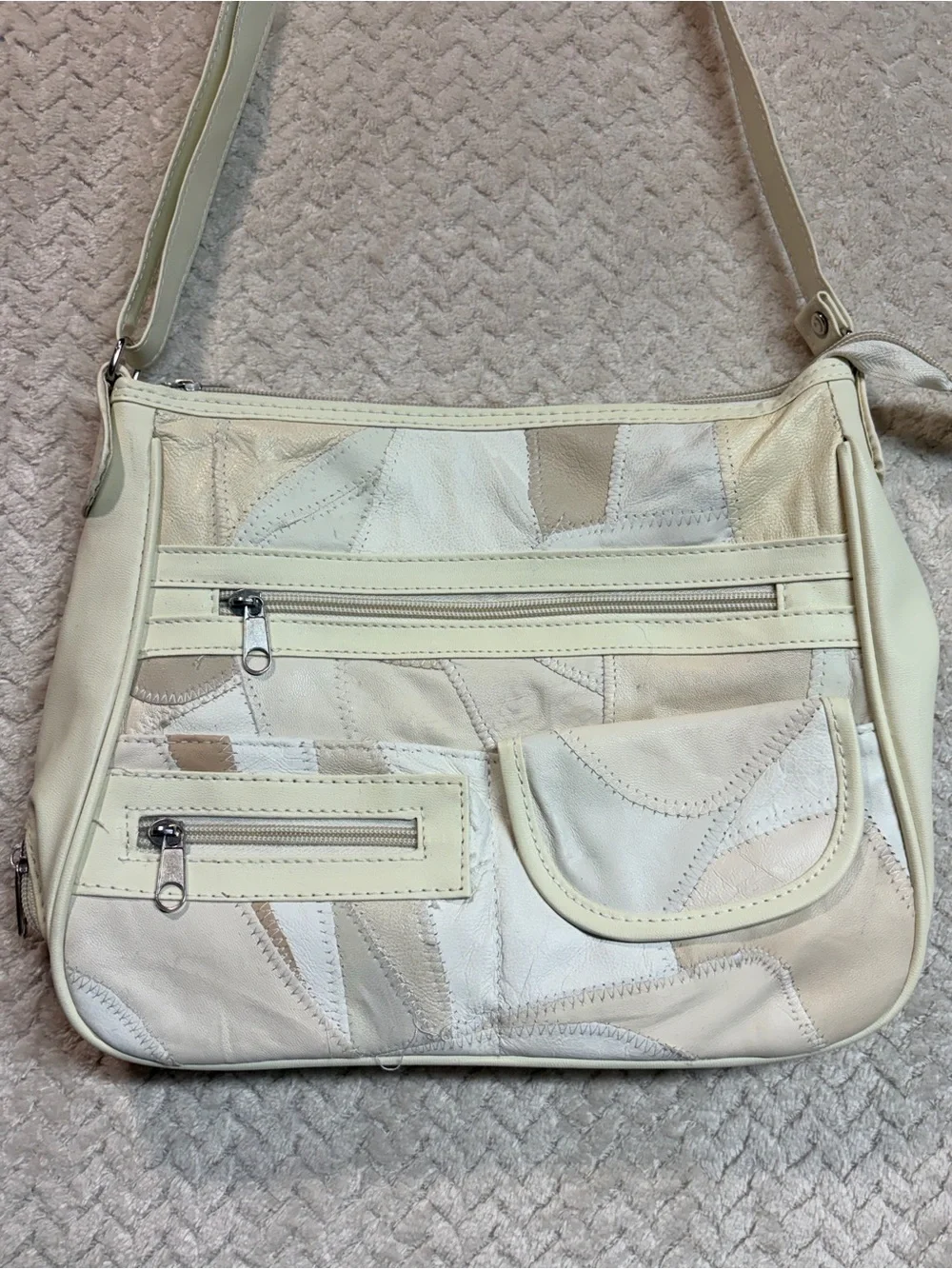 Vintage Patchwork Lambskin Leather Crossbody Bag Cream Beige Boho Y2K 90s